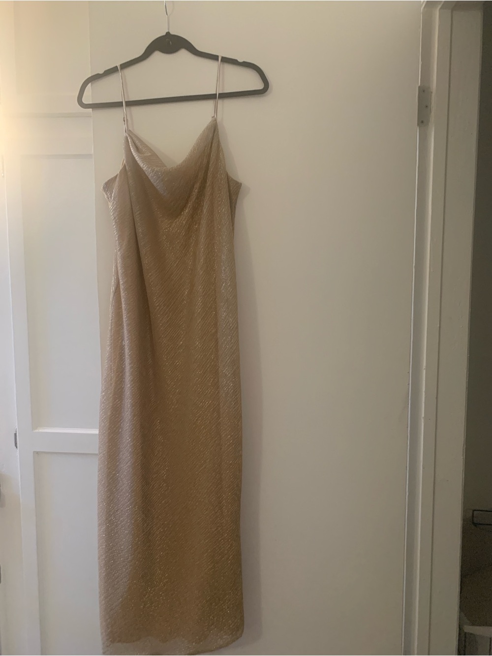 MARINA Metallic Champagne Cowl Neck Maxi Dress